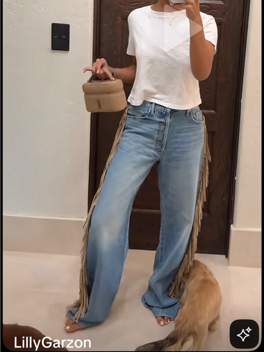 MOTHER Blue Denim Flare Jeans with Tan Fringe - Picture 8 of 10